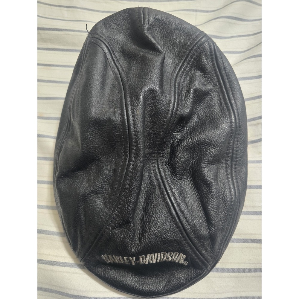 VTG Harley-Davidson Black Leather Newsboy Cap Size Small Motorcycles Logo Biker